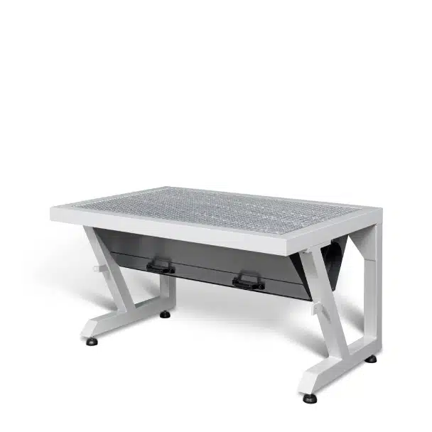 Underfloor extraction table incl. flow-optimized extraction tray with drawer for dusts or as a flat version with inlet opening as direct suction for gases and odours, without drawer.