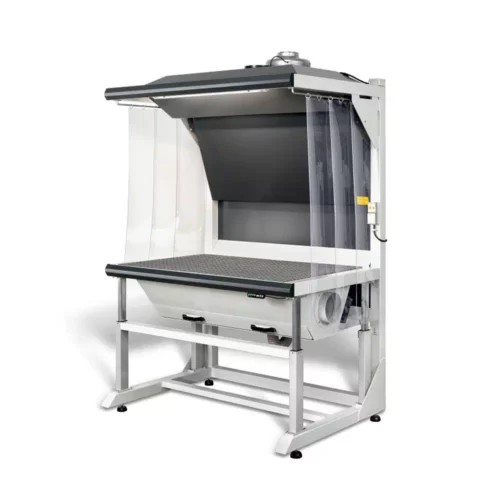 nergie- und luftmengenoptimierter höhenverstellbarer Absaugtsich mit Zuluftschleier und Coanda Effekt Prallblechansaugung, für einen ergonomischen Arbeitsplatz.