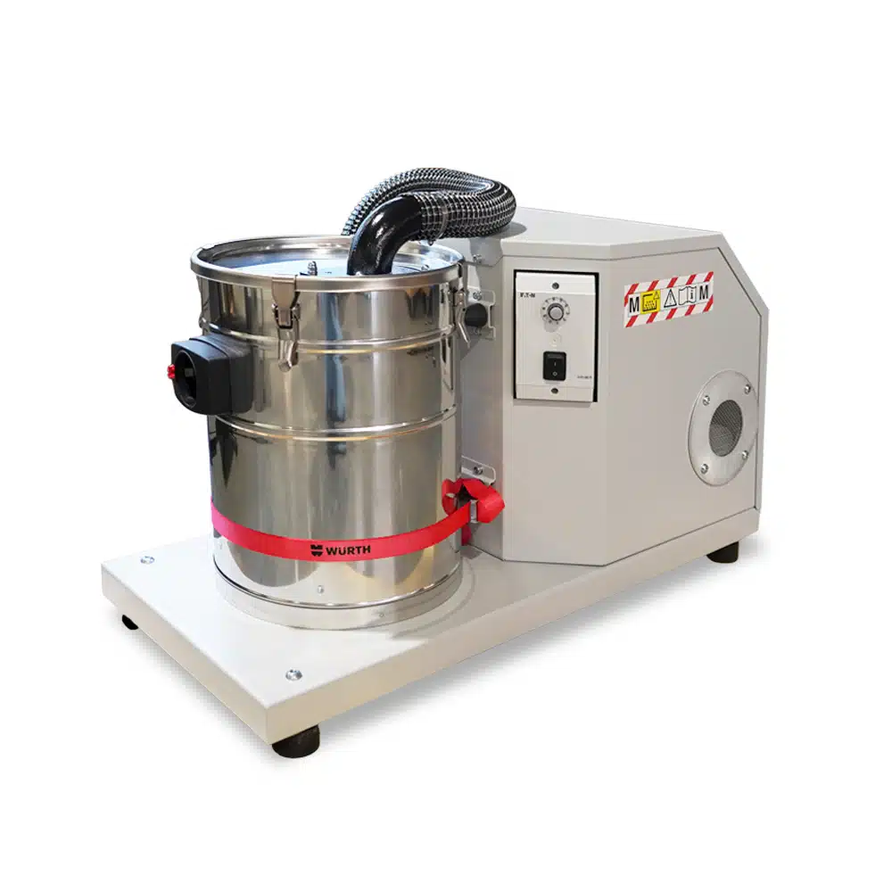 Front view of the built-in vacuum cleaner with stainless steel dirt container for industrial and commercial use. EC motor for continuous operation (24/7) and EX protection.